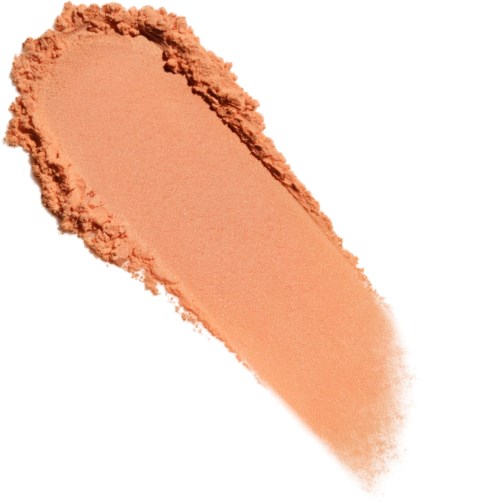 Ein pfirsichfarbener Make-up-Blush oder Puder auf weißem Hintergrund, mit glatter, leicht texturierter Oberfläche.