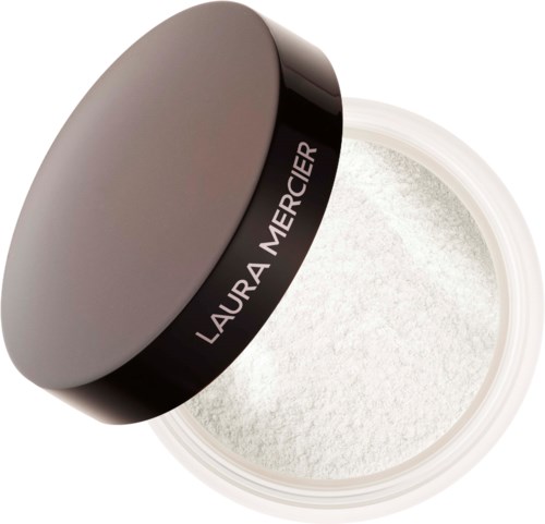 Eine runde, matte graue Packung mit einem schwarzen Band, auf dem Laura Mercier steht, gefüllt mit weißen losen Puder.