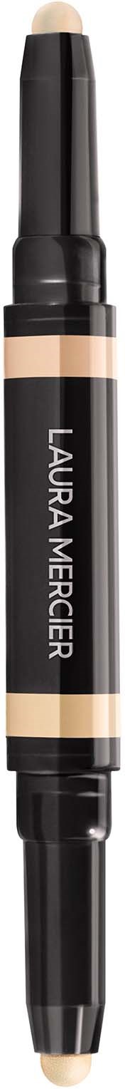 Dobbelt-sidet makeup-stift med concealer og highlighter, mærket 'Laura Mercier' i sort og beige.