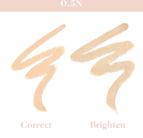 To makeupprøver mærket 'Correct' og 'Brighten' med forskellige beige nuancer. Toppen viser en farvebjælke.