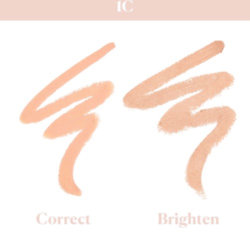 To makeupprøver viser forskellige nuancer; venstre er korrekt, højre er for lys. Etiketter siger 'Correct' og 'Brighten.'