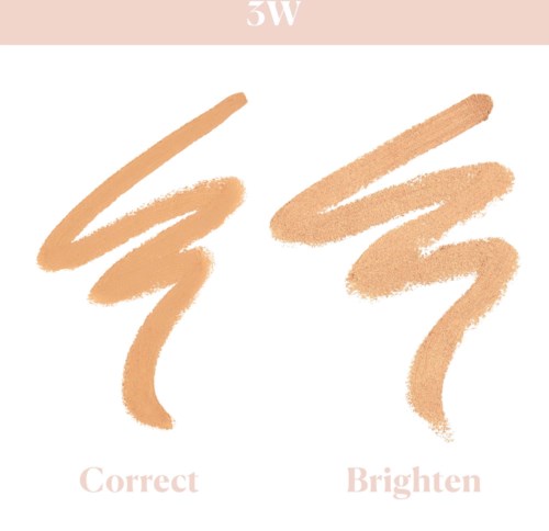 To orange makeupprøver, den ene mærket "Correct" og den anden "Brighten." "Correct" er mere naturlig, mens "Brighten" er mere livlig.