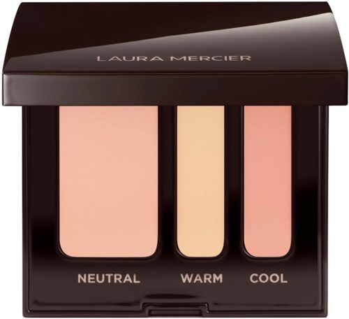 Makeup palette med nuancer mærket neutral, warm og cool, i sort kompakt med Laura Mercier branding.