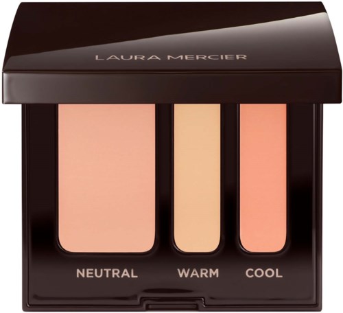 Makeuppalette med tre nuancer mærket neutral, warm og cool, i et slankt sort etui med Laura Mercier-tekst.