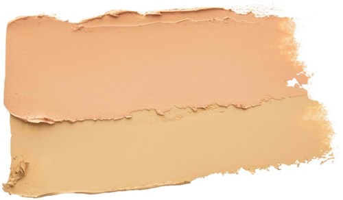 Two swatches of different beige makeup or face cream, one lighter and one darker, with torn edges.