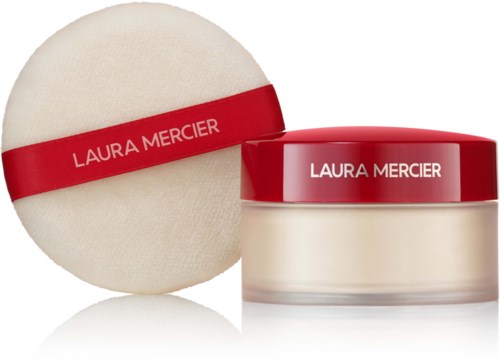 Laura Mercier fixeringspuder med puff, båda har röda band med vit text.