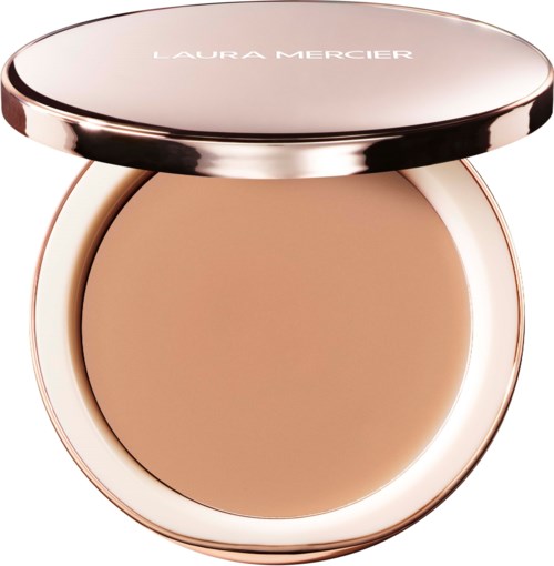 Ein Laura Mercier Gesichtspuder in einem roségoldfarbenen Gehäuse mit geöffnetem Deckel.