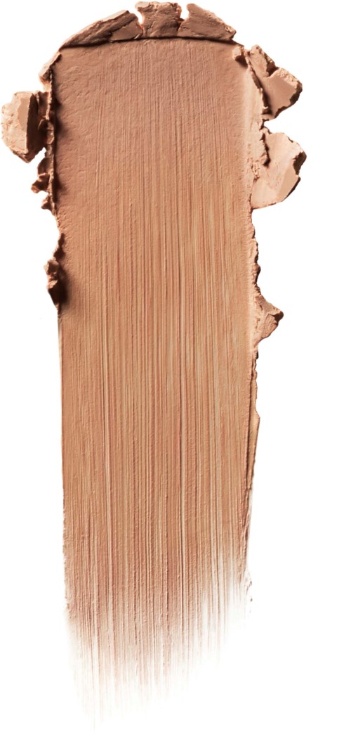 Ein Streifen beige Make-up-Grundierung auf weißem Hintergrund zeigt Textur und Farbe.