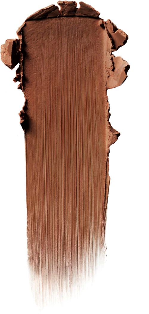 Ein Pinsel mit braunem Make-up oder Kosmetik mit gestreiftem Finish auf weißem Hintergrund.