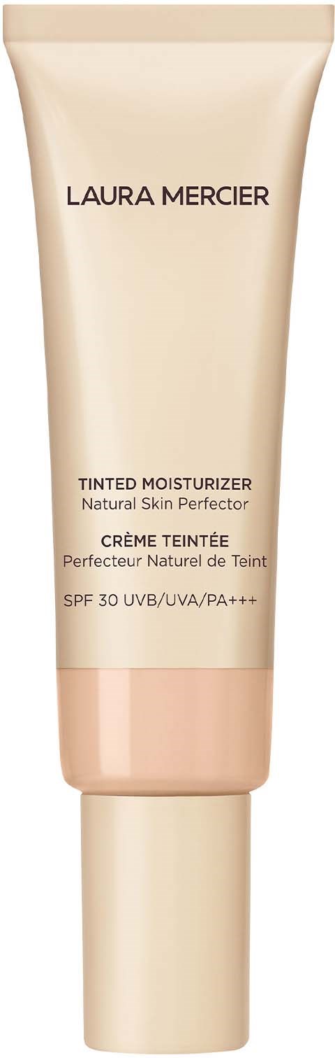 A beige tube of Laura Mercier tinted moisturizer with SPF 30 and text details.