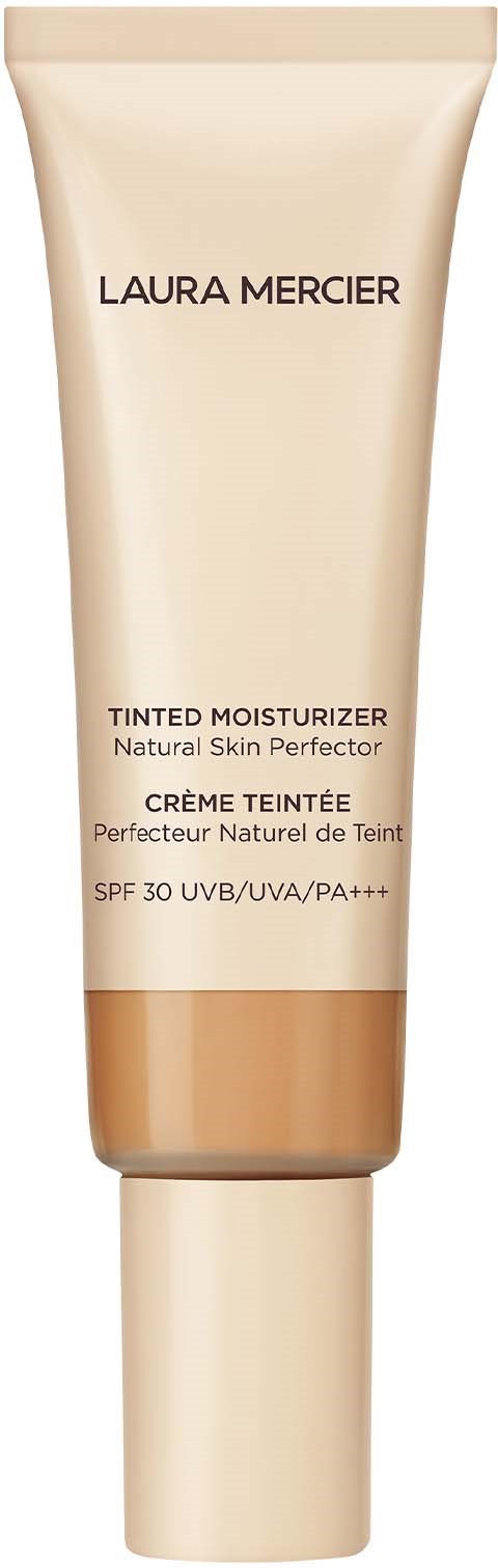 Beige Laura Mercier sävytetty kosteusvoide, SPF 30, musta ja ruskea teksti.