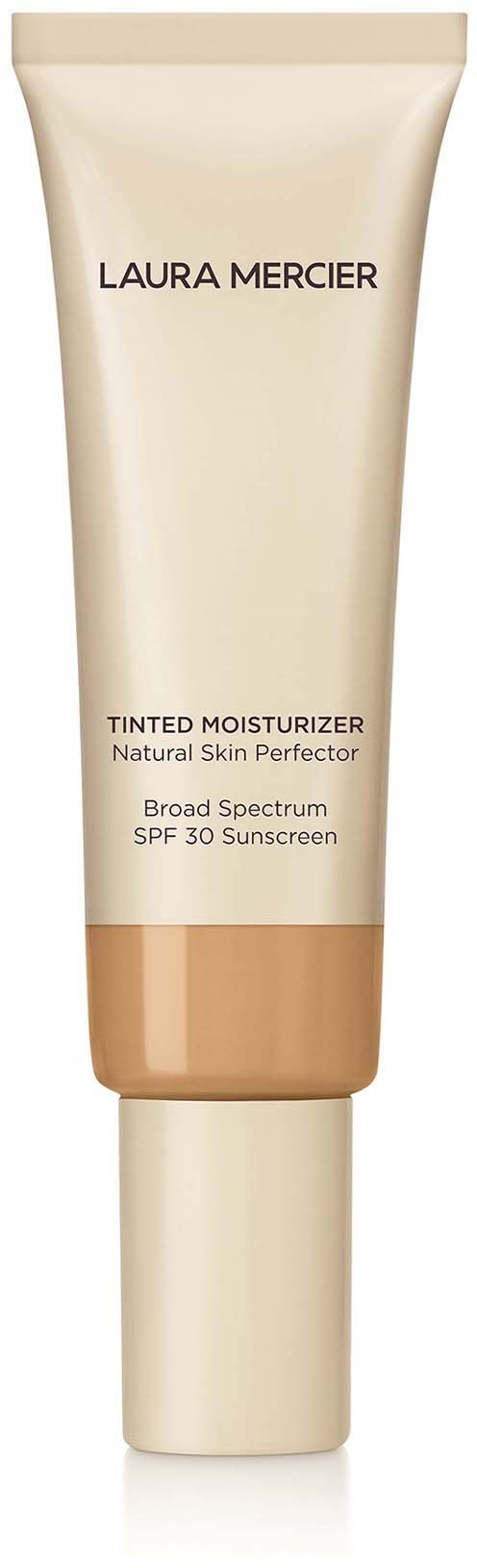 En tube af Laura Mercier tintet fugtighedscreme med SPF 30, naturlig hudfinish, bredspektret solcreme.
