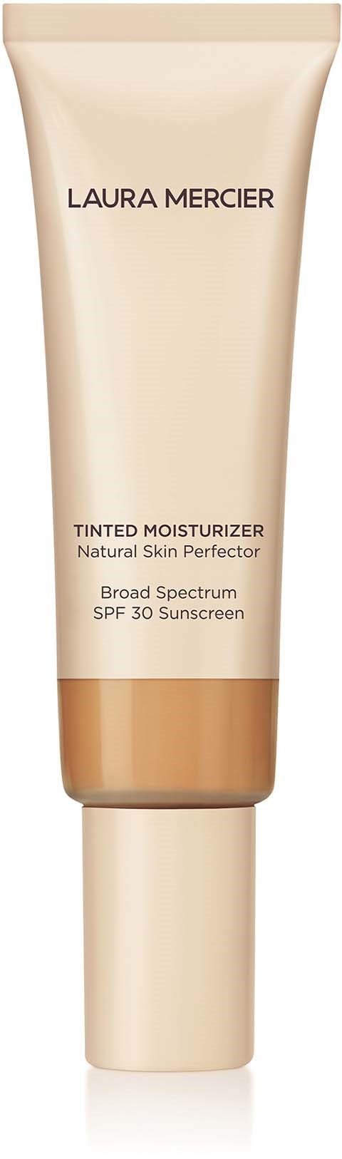 A beige tube of Laura Mercier tinted moisturizer with SPF 30 and broad spectrum sun protection.