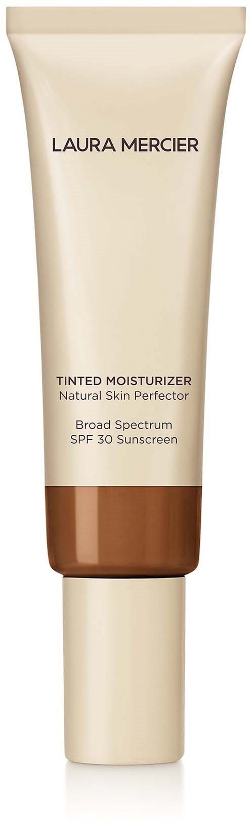 En beige og brun tube av Laura Mercier tonet fuktighetskrem med SPF 30. Det er et hudpleieprodukt.