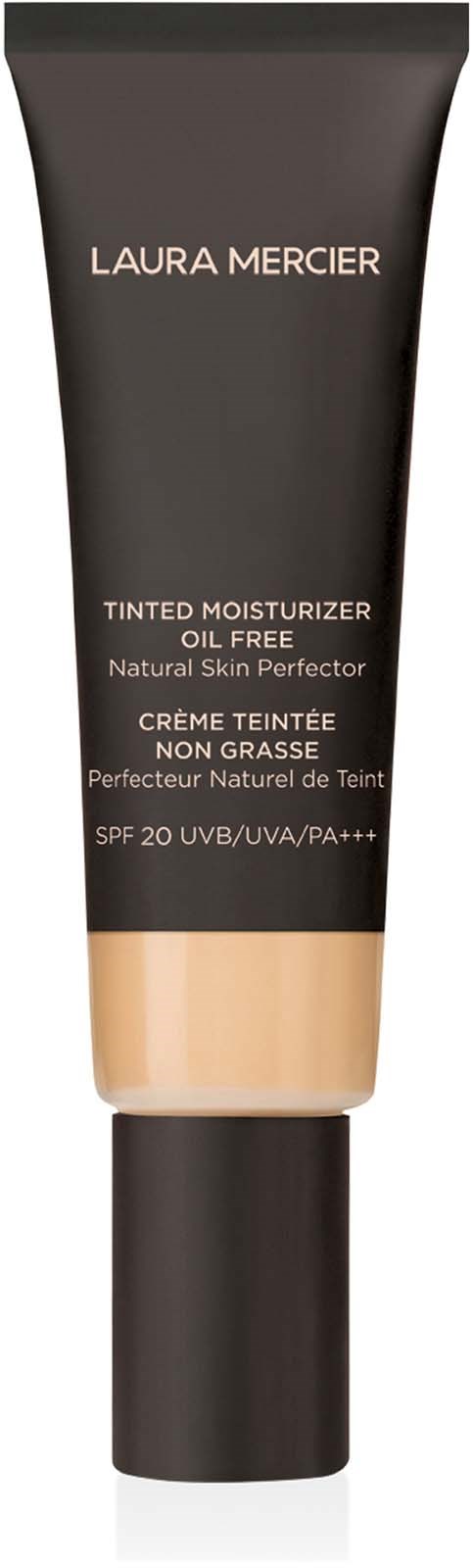 Svart tub med Laura Mercier tinted moisturizer med beige bottenetikett. Texten beskriver den som oljefri, icke-fet och med SPF 20.
