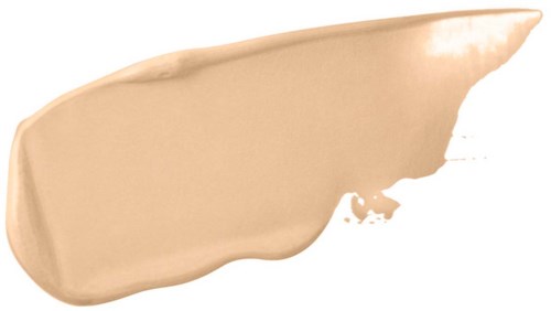 En beige kräm eller foundation som stryks ut med ett tjockt penseldrag, med rundade kanter och ojämn textur.