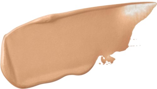 En beige flytande makeupprov med en slät textur och en lätt kurvig form.