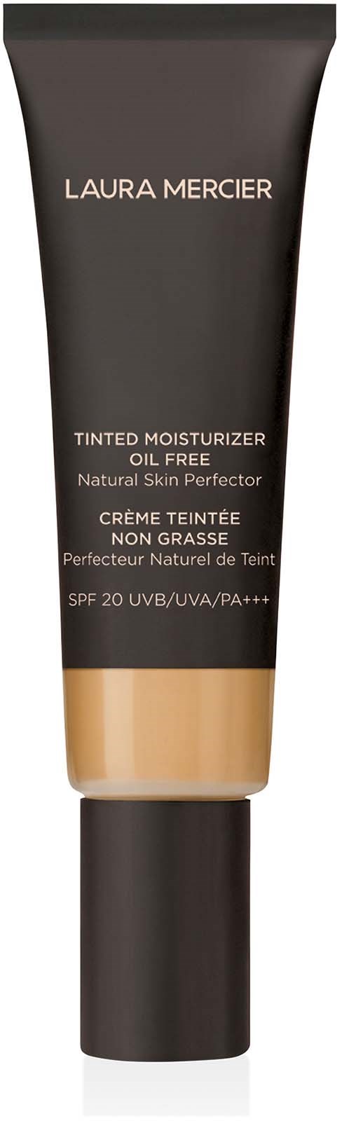 En svart tub med Laura Mercier färgad fuktkräm med beige kork, märkt som oljefri och SPF 20.