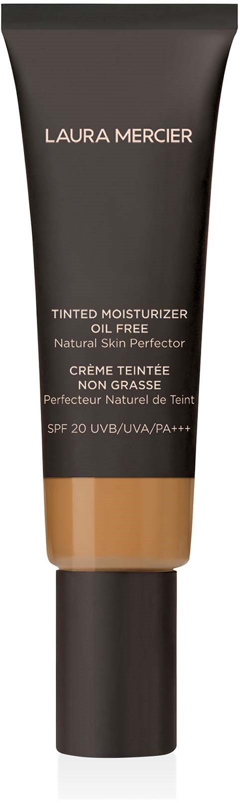 Eine Laura Mercier getönte Feuchtigkeitscreme-Tube, schwarz mit beigem Boden, markiert als ölfrei mit SPF 20.
