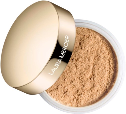 A beige round container with an open lid shows light brown powder inside. The words 'LAURA MERCIER' are on the lid.