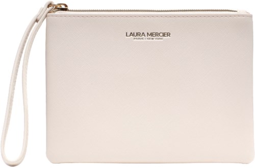 Eine weiße Clutch mit Reißverschluss und dem Markennamen Laura Mercier.
