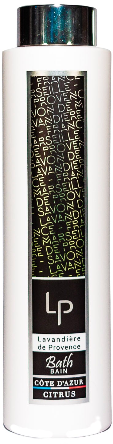 En vit flaska med en svart och guld etikett, innehåller Lavandière de Provence Citrus badprodukt.