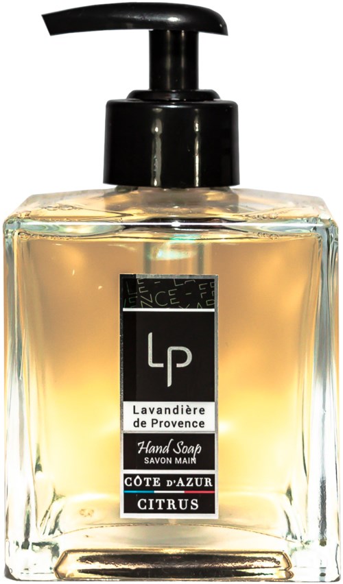 En tydlig handtvålflaska med svart pump, märkt 'Lavandière de Provence Citrus' i svart och vitt.