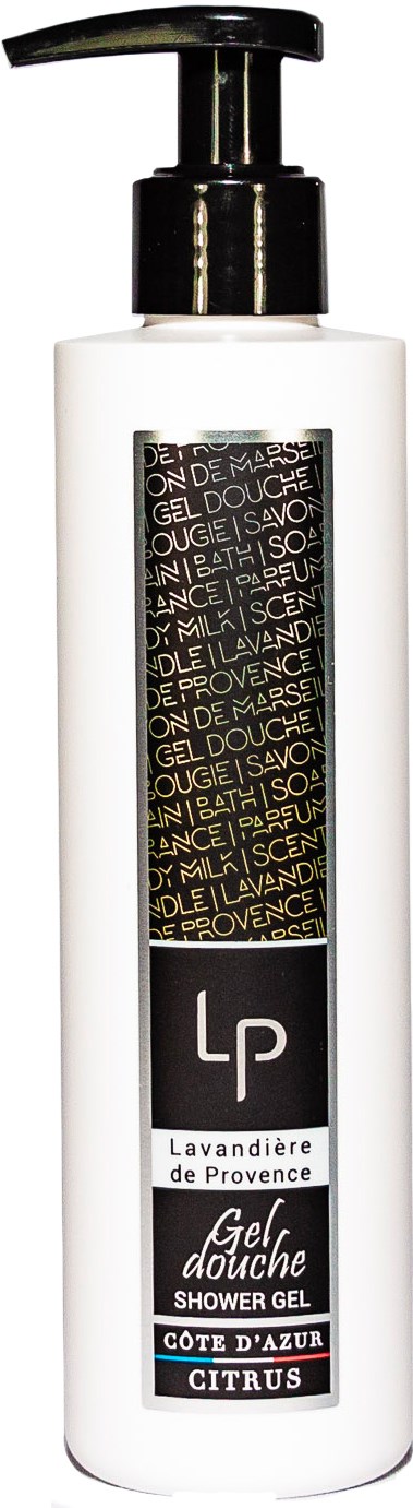 En vit duschgelflaska med svart pump och etikett med texten 'Lavandière de Provence'.