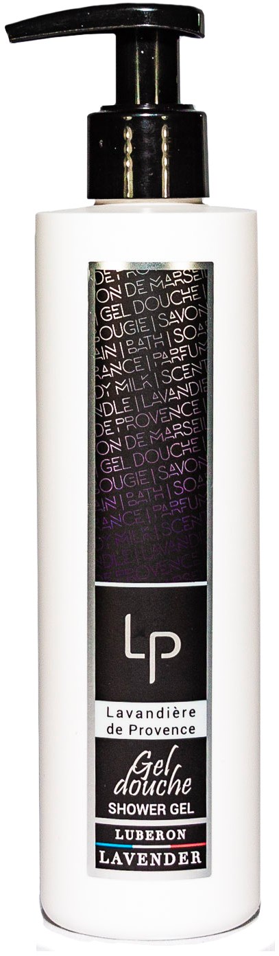 En vit flaska med svart pump, märkt som lavendel duschgel. Etiketten har svarta, vita, lila och röda färger.
