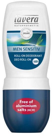 Een witte roller deodorantfles met blauwe en groene labeling, merknaam Lavera Men Sensitiv, benadrukt natuurlijke ingrediënten.