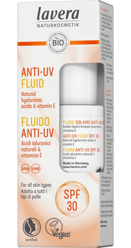Lavera Anti-Uv Fluid SPF 30 ihon suojaukseen, gluteeniton, vegaani, ja valmistettu Saksassa.