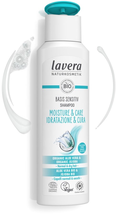 Valkoisen shampoopullon, jossa sininen ja harmaa etiketti, aloe vera -kuva ja teksti herkälle iholle ja ekologisista aineksista.