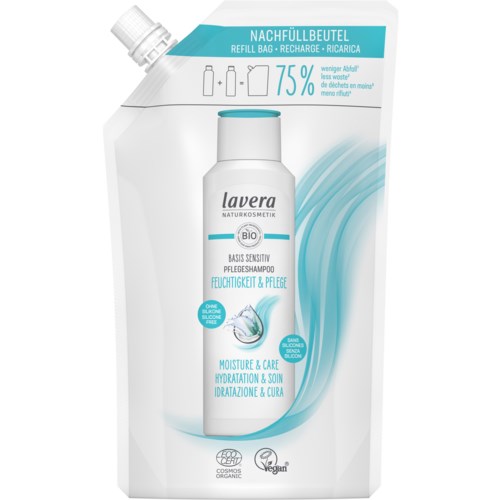 Täyttöpusse shampoo, merkinnällä kosteus ja hoito, sopii herkälle iholle, luonnollinen ja vegaaninen.