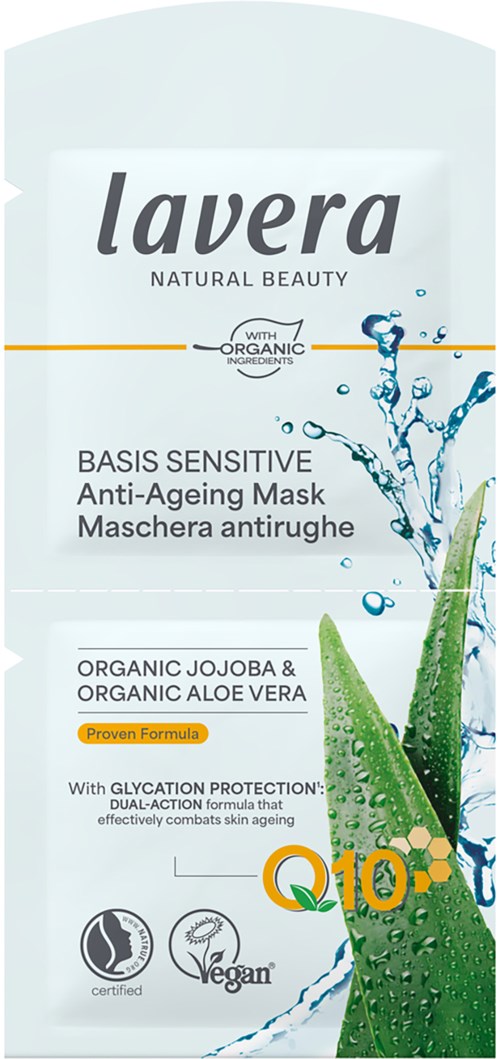 A facial mask packaging with aloe vera, aloe plant image, and text about anti-aging and organic ingredients.