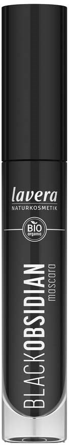 Mustasta ja hopeisesta putkasta, jossa on valkoinen teksti, nimeltään Lavera Black Obsidian ripsiväri.