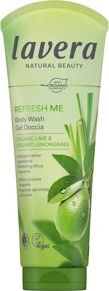 Lavera Refresh Me Duschgel in grüner Tube mit Limetten- und Zitronengrasbilder sowie Produktinformationen.