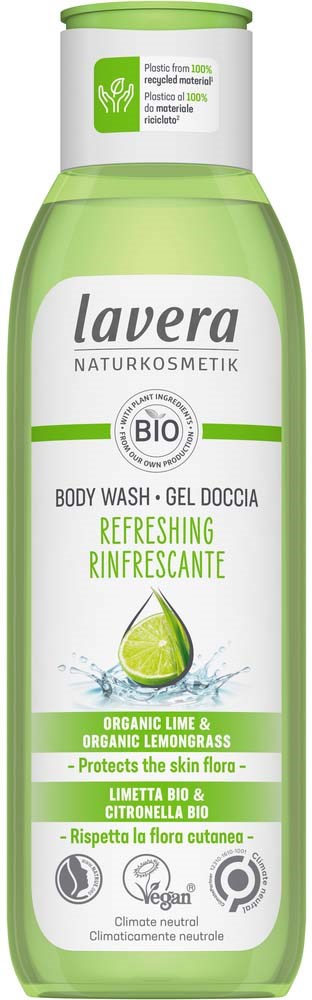 En grön och vit flaska med Lavera svalkande kroppstvål med ekologisk lime och citrongräs. Passar för hudvård.