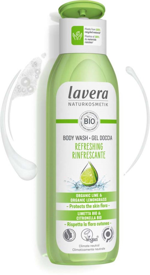 Grön flaska med Lavera duschgelé med lime och citrongräs, betonar ekologiska och naturliga ingredienser för uppfriskande hud.