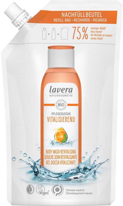 Täyttöpusse Lavera-kroppshuuhtelulle, oranssi ja valkoinen pullo, vesivallankumous, ympäristöystävälliset symbolit.