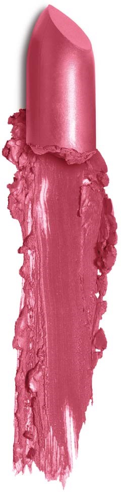 Roze lipstick met een smudged textuur eronder. De lipstick is gedeeltelijk gebruikt, toont een glanzende oppervlakte en gebogen vorm.