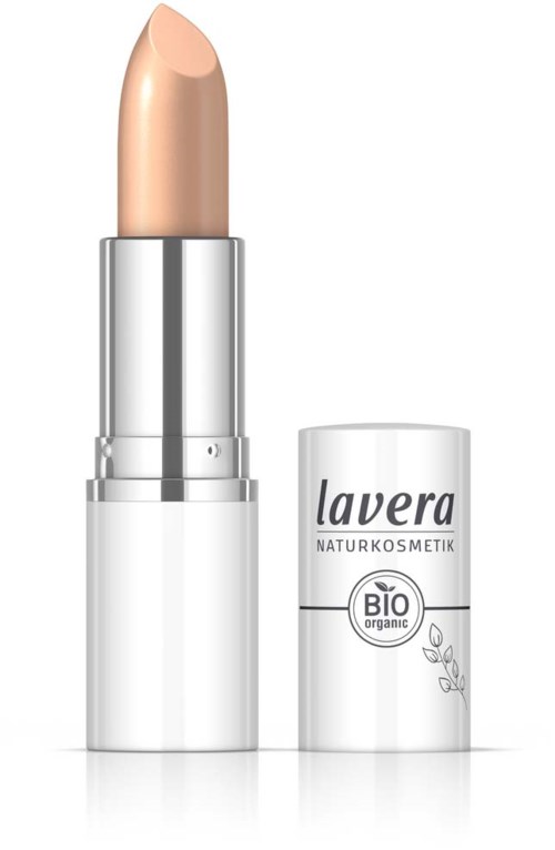 En beige läppstift i ett silverrör med vit lock märkt "lavera BIO organic" står upp.