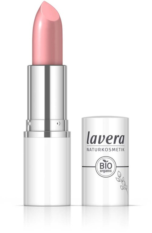 Ein pinker Lippenstift in einer silbernen Hülse mit einem weißen Deckel, auf dem "Lavera" steht.