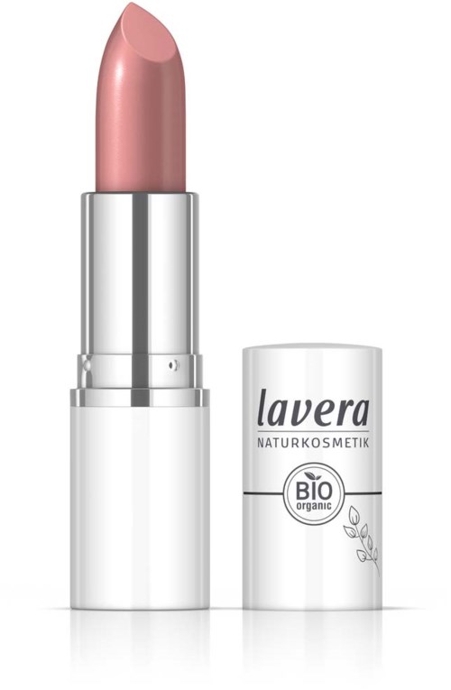 En rosa läppstift i ett silverfodral med en vit lock märkt "Lavera" och "Bio Organic."
