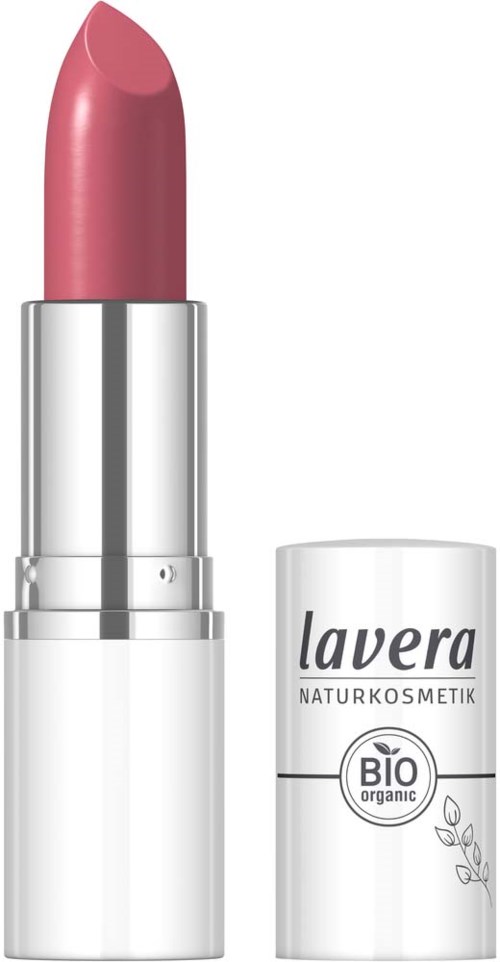 Een roze lippenstift in een zilveren tube met witte dop, label zegt Lavera Bio organic, buitenverpakking met productnaam.
