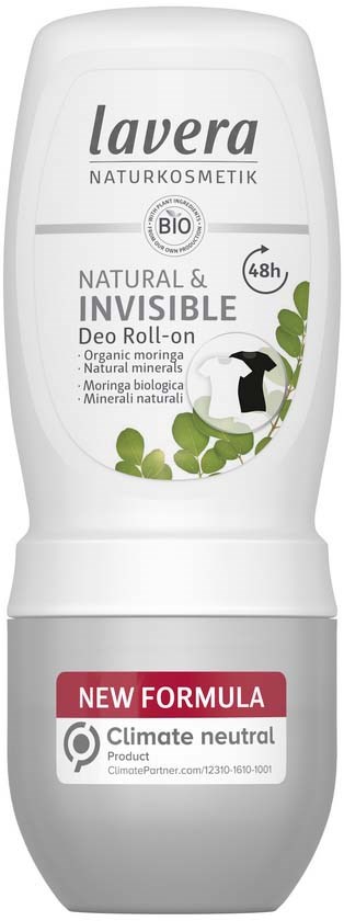 Deo-rullande korkflaska med vit och grå design, etiketter nämner att den är naturlig, ekologisk och osynlig.