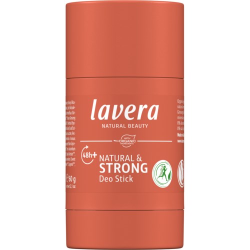 Lavera Natural & Strong deodorant stick in a coral-colored container with white and green text.