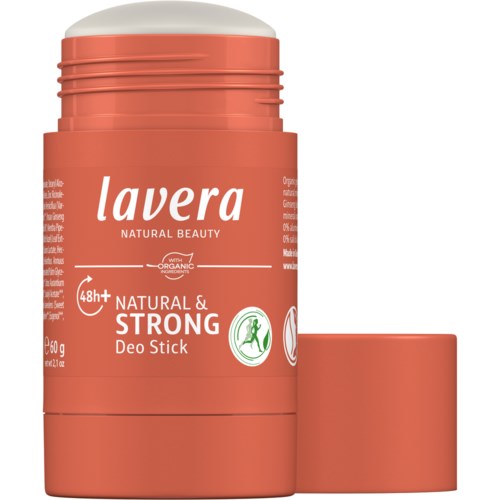 Cream-colored deodorant stick container with a removable cap, labeled Lavera Natural Beauty Deo Stick in peach color.