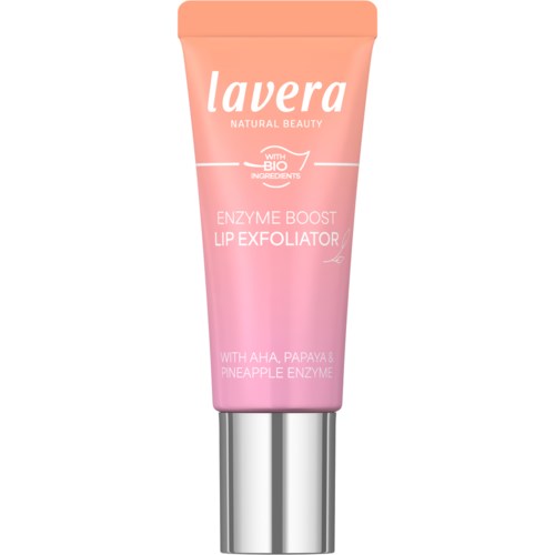 Pink tube of Lavera enzyme lip exfoliator with a silver cap, showing ingredients papaya and pineapple enzyme.