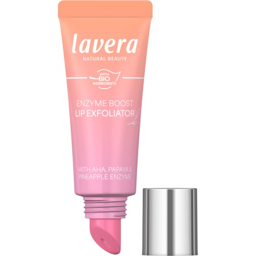 Pink tube of Lavera enzyme lip exfoliator with a silver cap beside it.