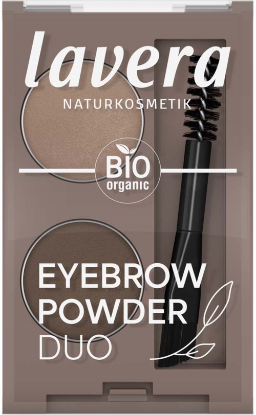 Eyebrow powder duo compact with applicator brush from Lavera, labeled as organic and natural cosmetics.